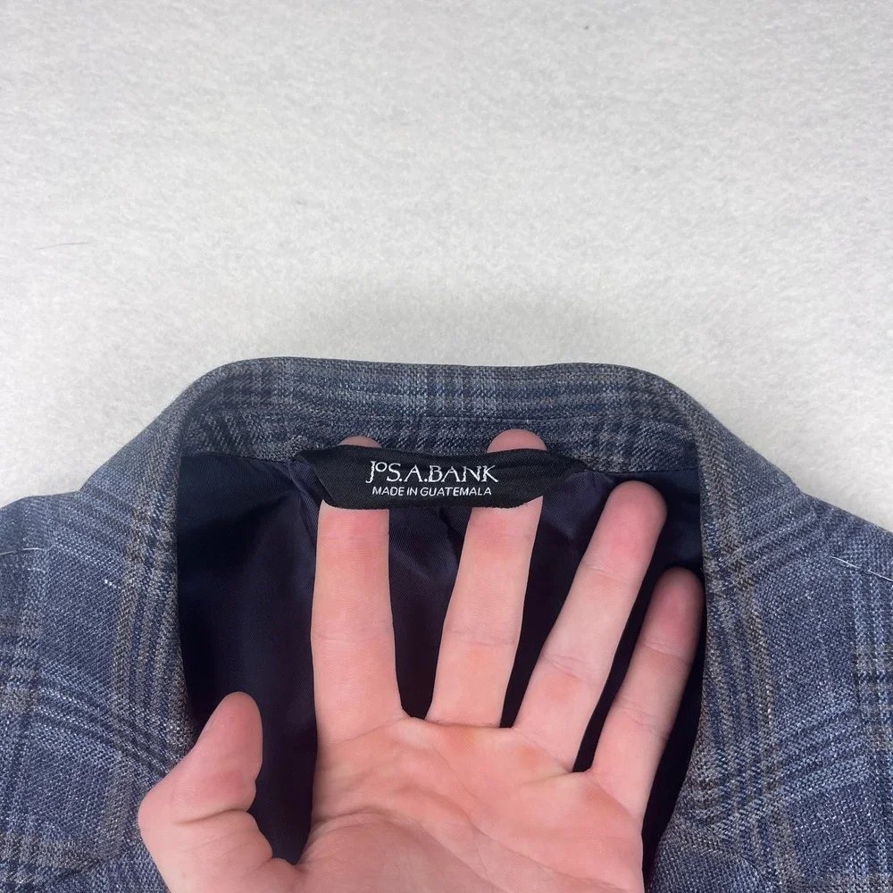 Jos A Bank Blue Glen Windowpane Plaid Silk Linen Sport Coat Tailored Fit 44R